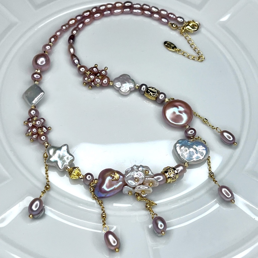 Handmade Freshwater Pink Keshi Coin Heart ❤️ ⭐️ 🍀 ♦️ Baroque Pearl Necklace